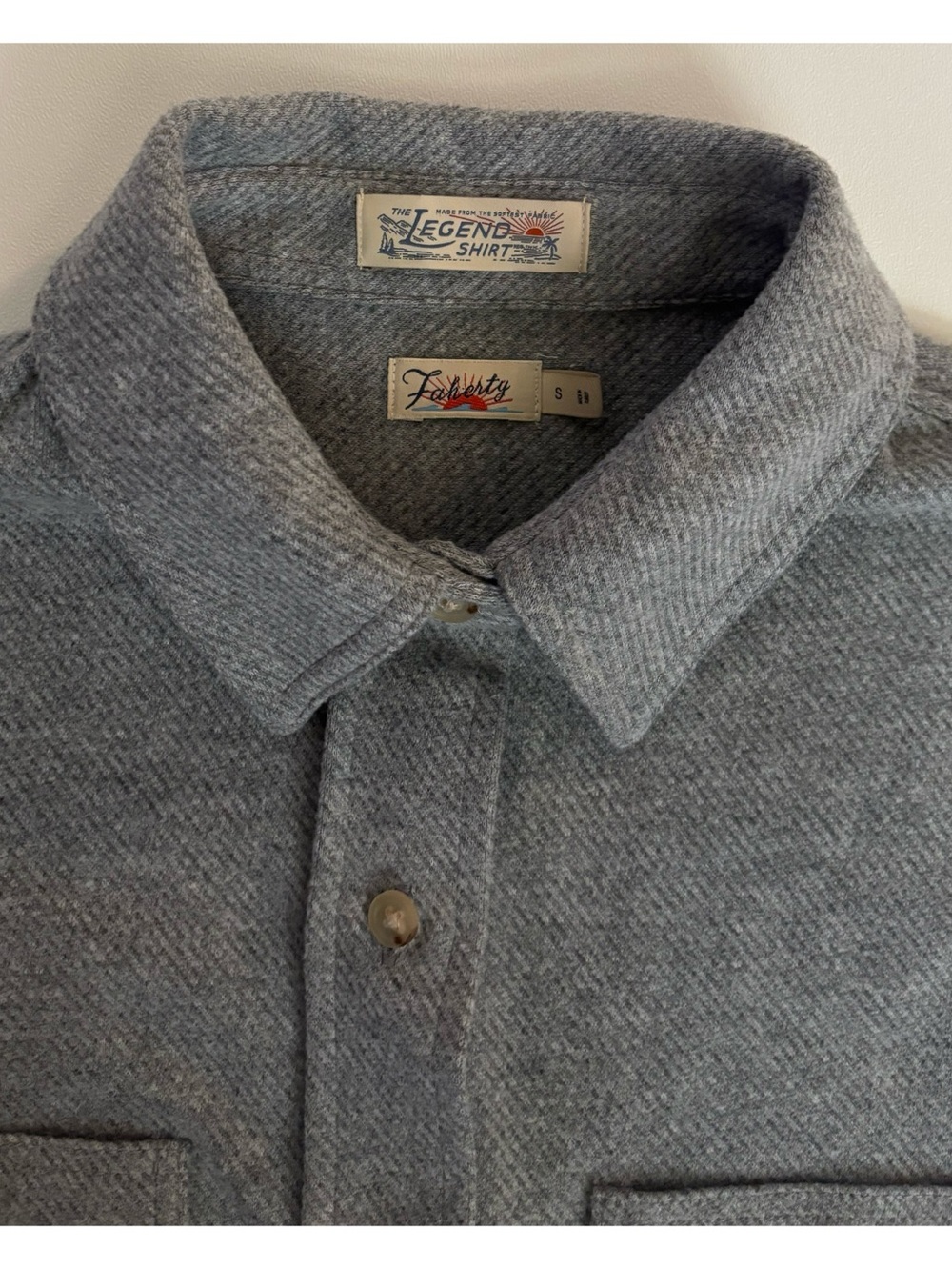 FAHERTY  ‘Legend’ Knit Sweater Shirt Fossil Grey Twill Size S $178~ New No Tags - Picture 7 of 8